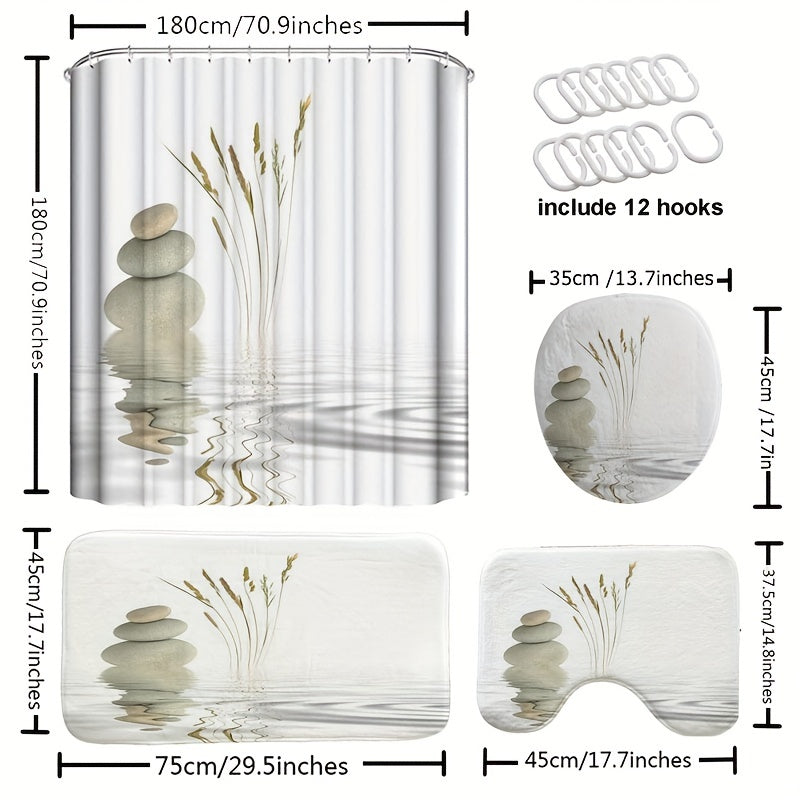 4-Piece Stone Print Shower Curtain Set – Waterproof Bathroom Set with Rugs, Toilet Lid Cover & 12 Hooks (180×180cm)