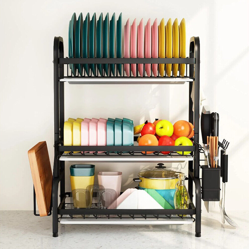 3-Tier Large Capacity Dish Drying Rack with Utensil & Cutting Board Holder – Space-Saving Kitchen Organizer (Black)