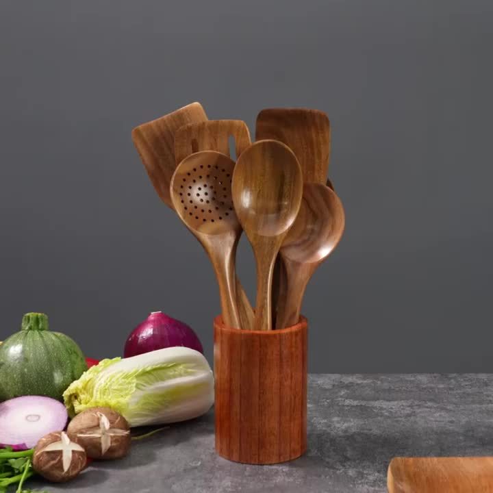 Teak Wooden Cooking Utensil Set – 8-Piece Nonstick Kitchen Tools with Spoon Rest & Hooks
