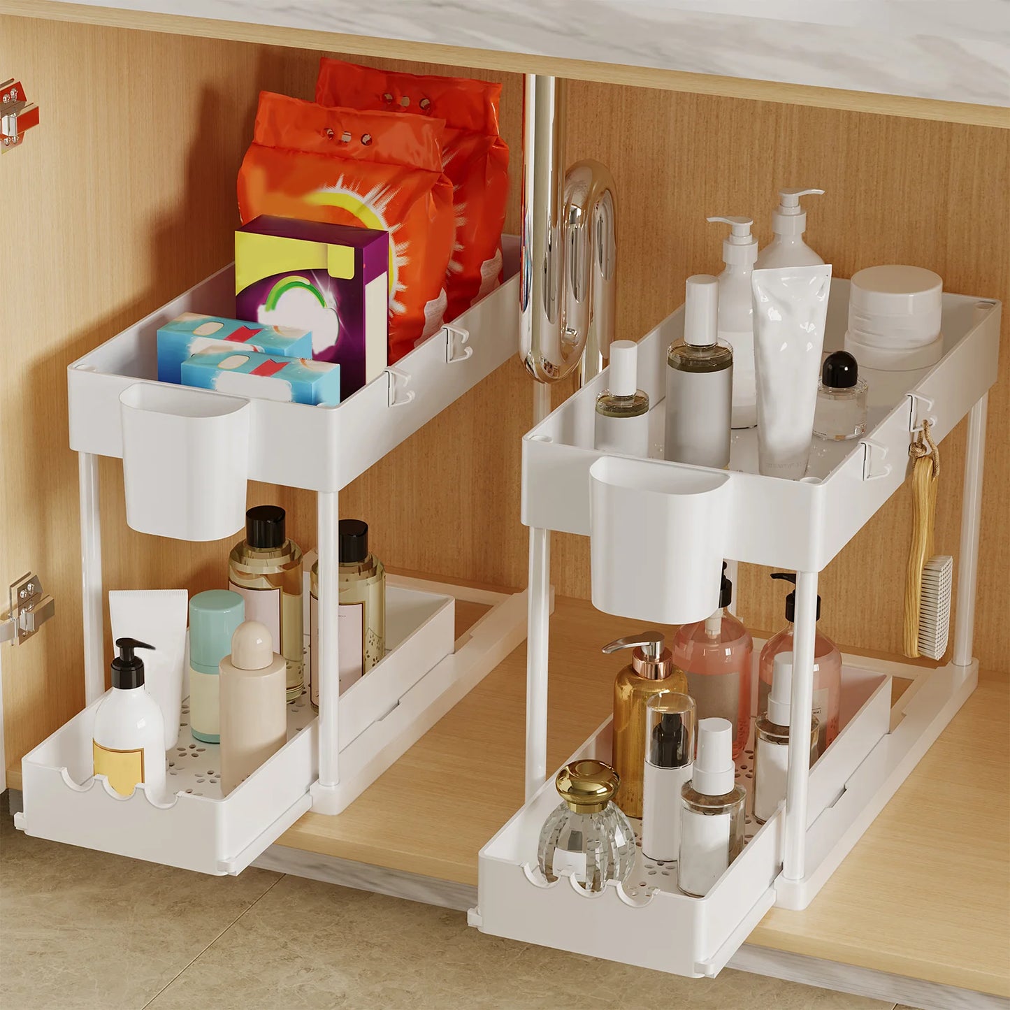 2-Pack 2-Tier Sliding Cabinet Organizer – Under Sink Storage Rack for Kitchen & Bathroom
