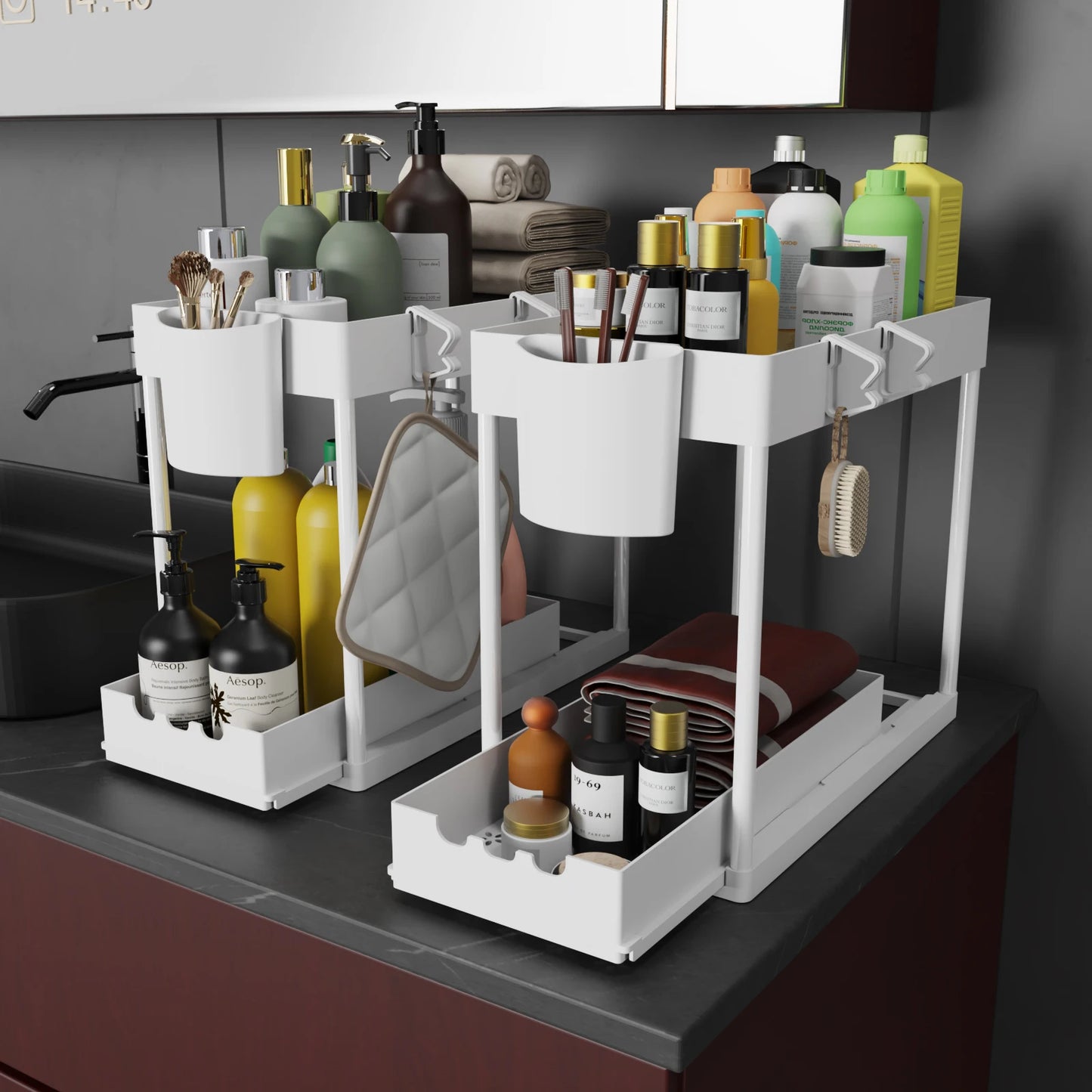 2-Pack 2-Tier Sliding Cabinet Organizer – Under Sink Storage Rack for Kitchen & Bathroom