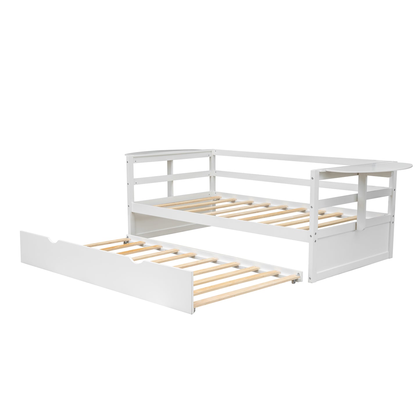 Twin Size Daybed with Trundle and Foldable Shelves on Both Sides – Space-Saving White Wood Frame for Bedroom