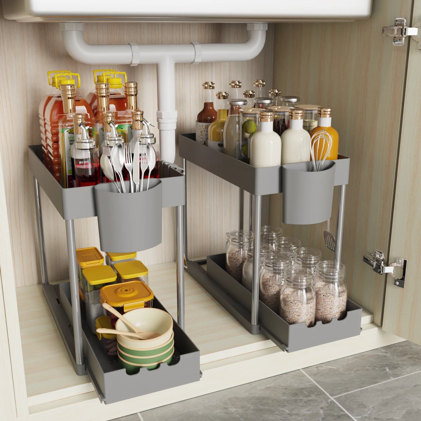 2-Pack 2-Tier Sliding Cabinet Organizer – Under Sink Storage Rack for Kitchen & Bathroom