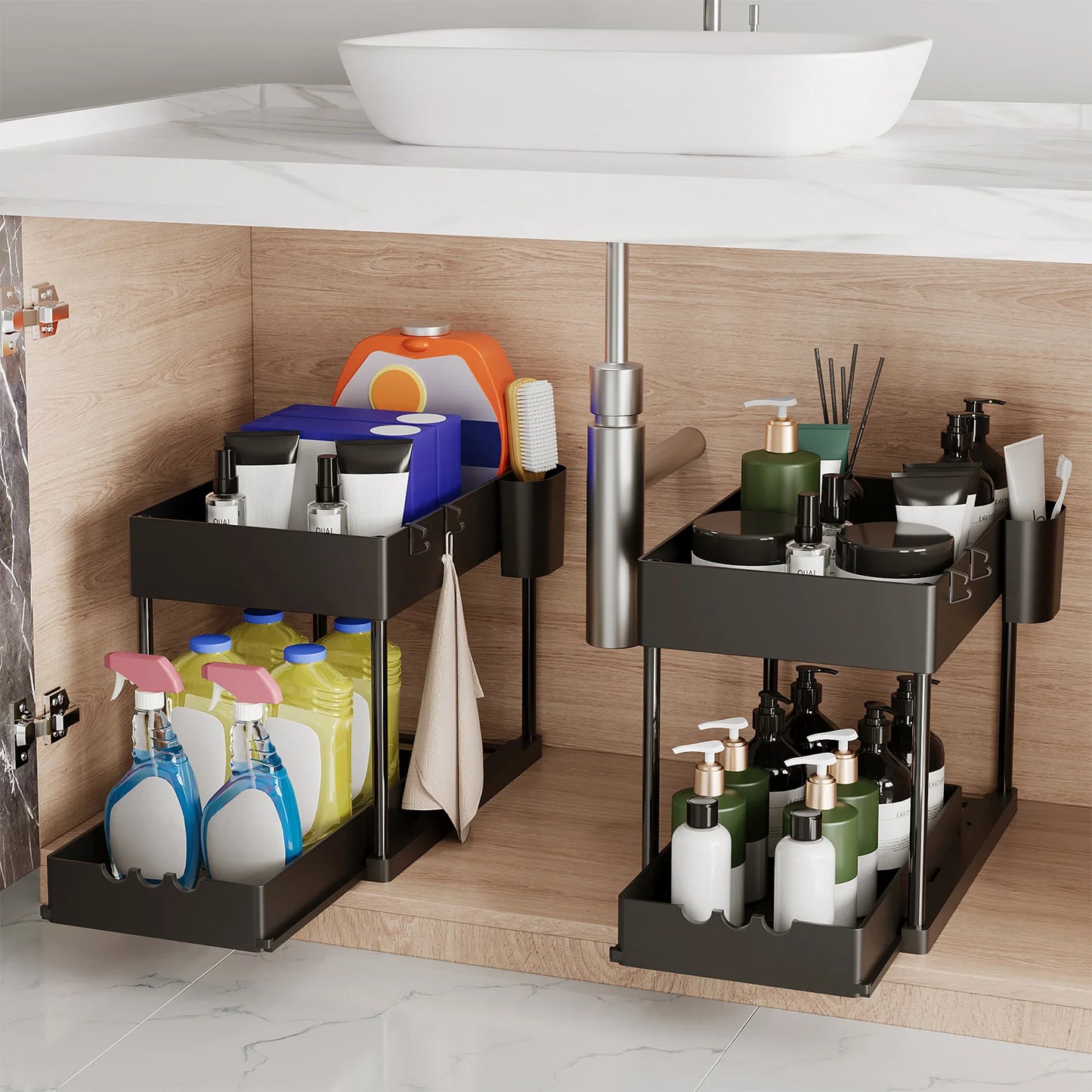2-Pack 2-Tier Sliding Cabinet Organizer – Under Sink Storage Rack for Kitchen & Bathroom