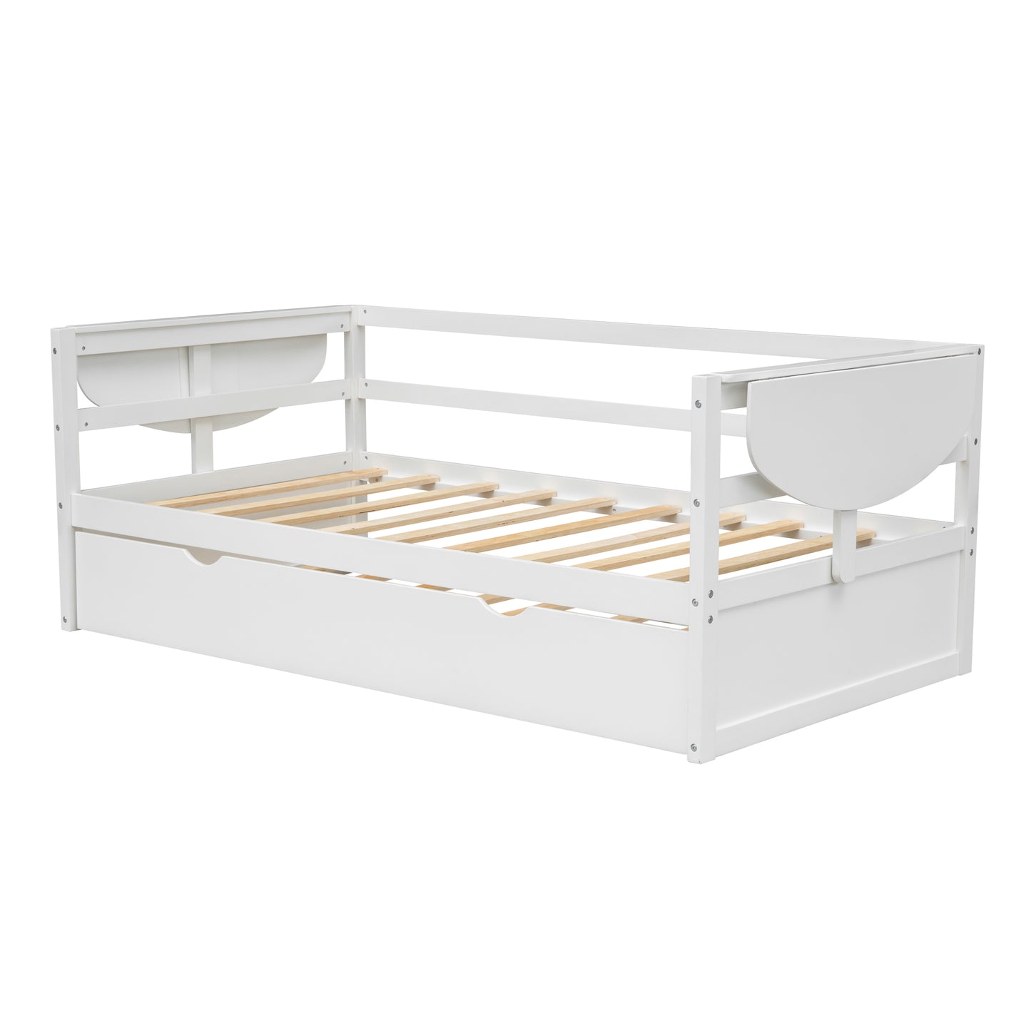 Twin Size Daybed with Trundle and Foldable Shelves on Both Sides – Space-Saving White Wood Frame for Bedroom