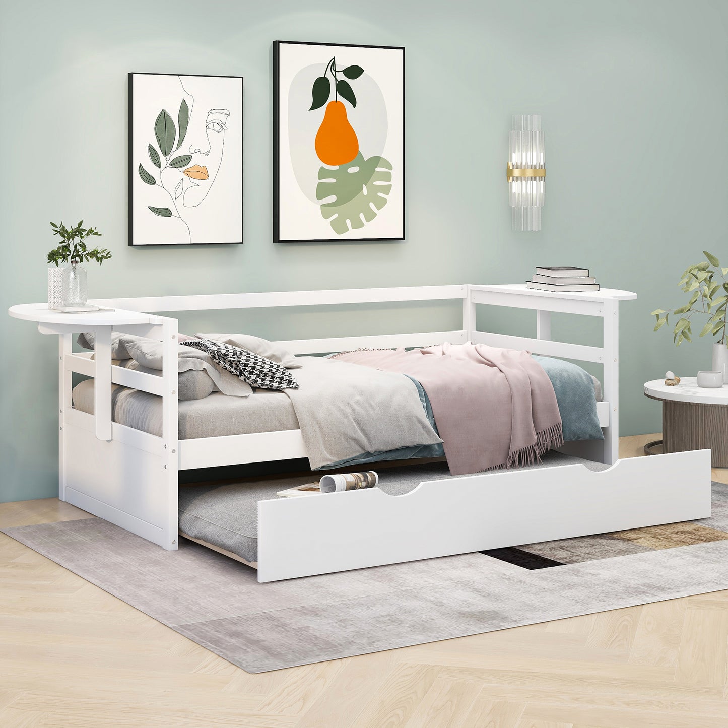 Twin Size Daybed with Trundle and Foldable Shelves on Both Sides – Space-Saving White Wood Frame for Bedroom
