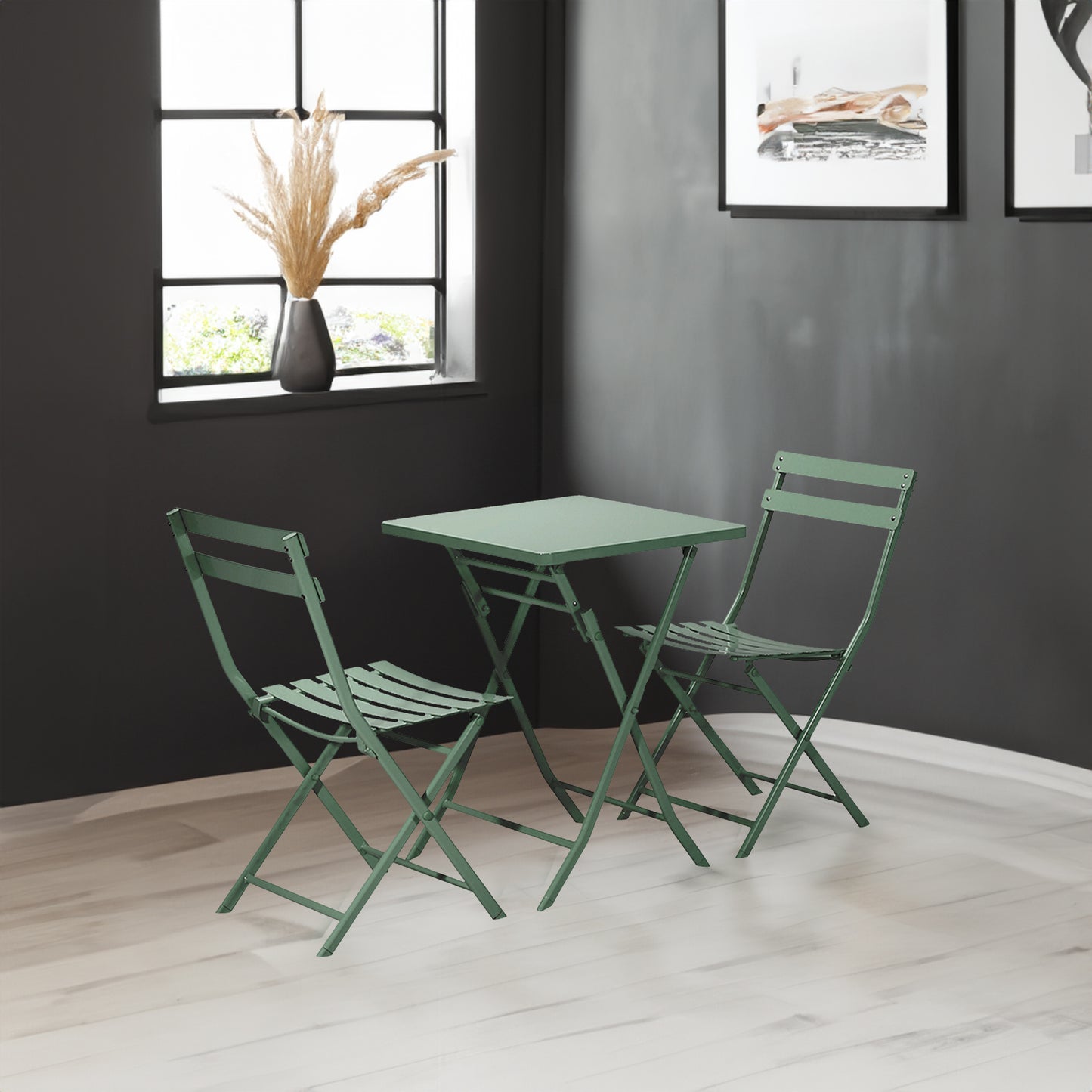 3 Piece Patio Bistro Set of Foldable Square Table and Chairs, Dark Green