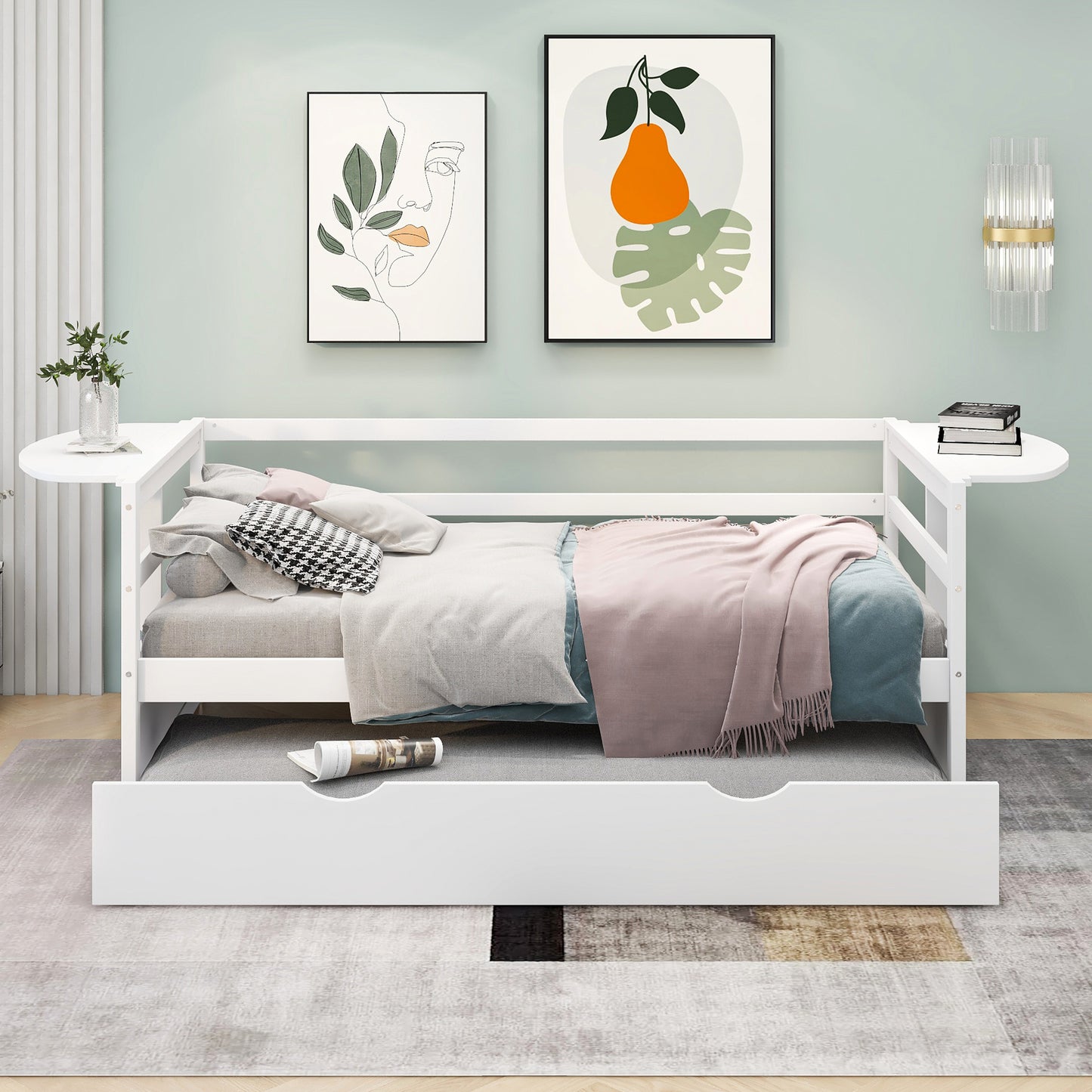 Twin Size Daybed with Trundle and Foldable Shelves on Both Sides – Space-Saving White Wood Frame for Bedroom