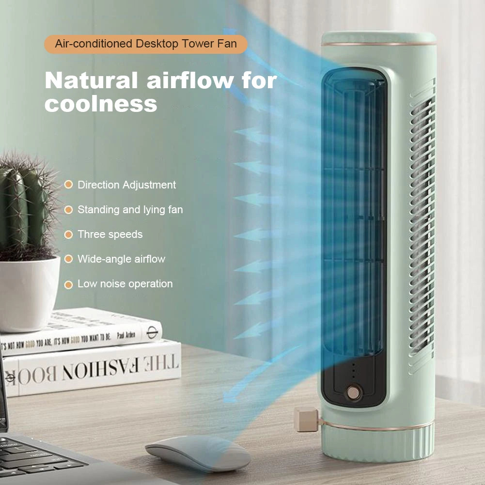 Portable Bladeless Tower Fan – USB Rechargeable Desktop Air Conditioner, Quiet Cooling Fan for Home & Bedroom