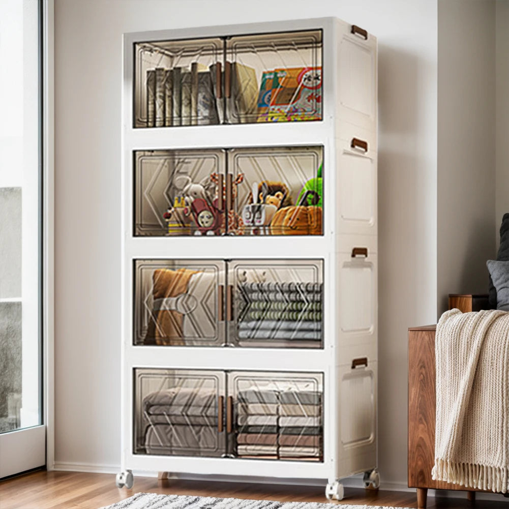 4-Tier Stackable Storage Bins with Lids, Doors & Wheels – Foldable Organizer for Apartment or Dorm