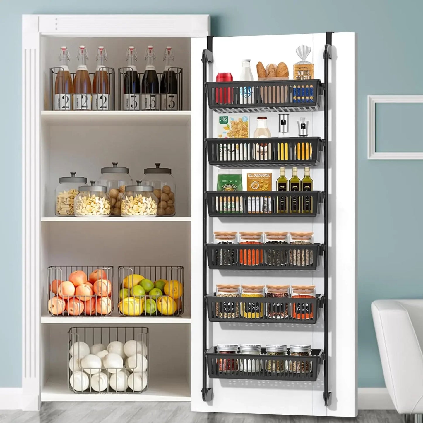 Over-the-Door Pantry Organizer – 6-Tier Adjustable Metal Rack with Baskets, Heavy-Duty Wall-Mounted Storage for Kitchen & Pantry