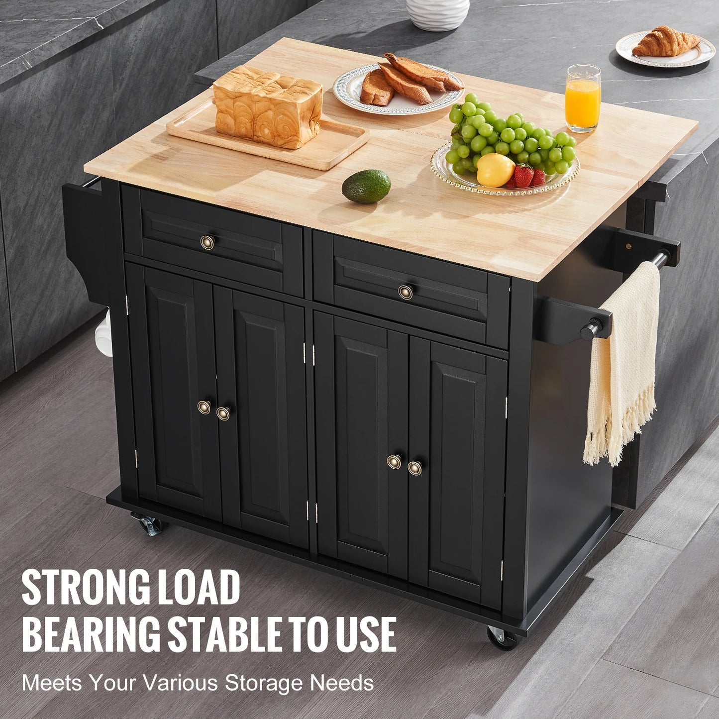 Kitchen Island Cart – VEVOR 43" Wood Top, Rolling Storage Cabinet with Drop Leaf, Spice Rack & Towel Bar (Black)