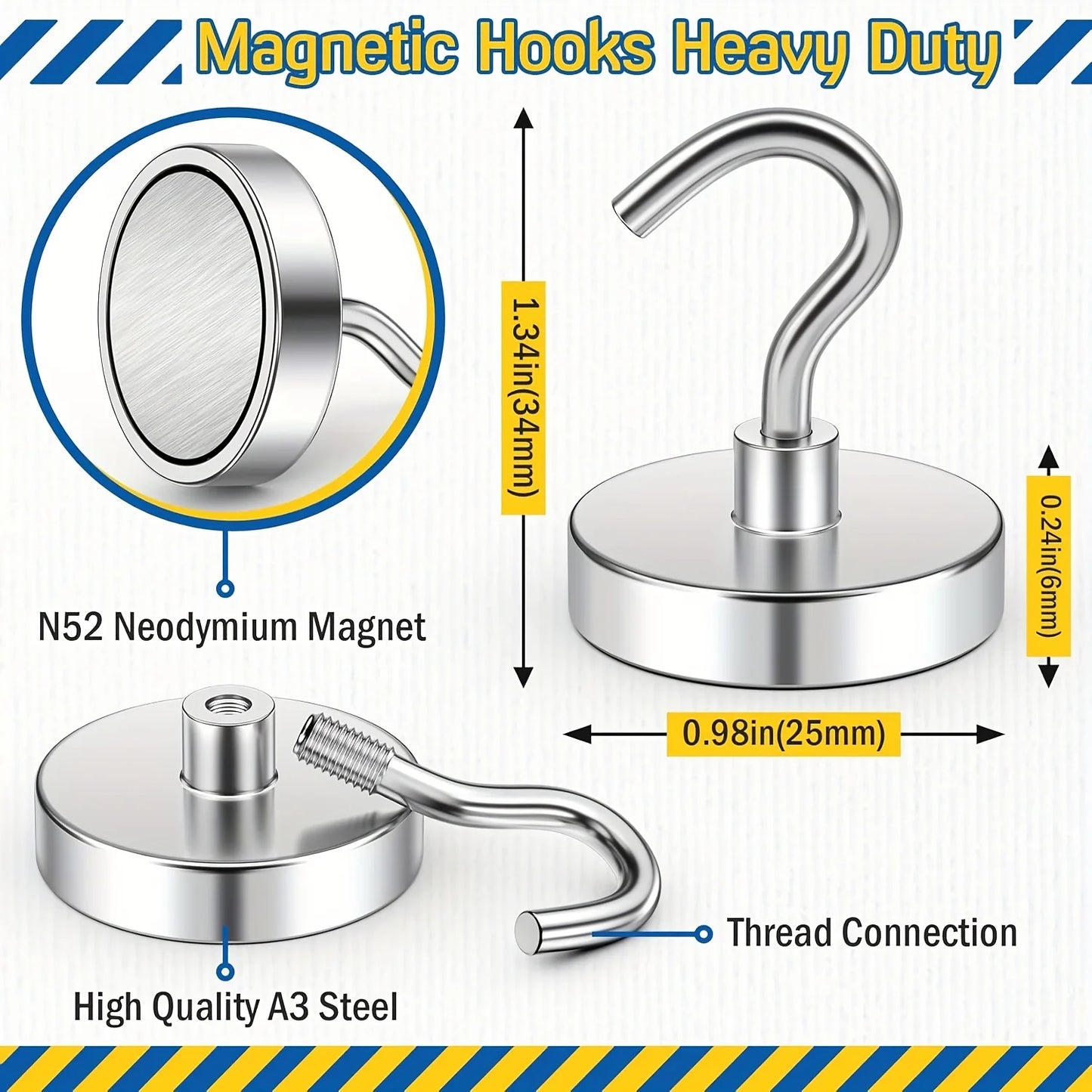 Heavy-Duty Magnetic Hooks – N52 Neodymium Rare Earth Magnets for Hanging on Refrigerator, Kitchen, Office & More