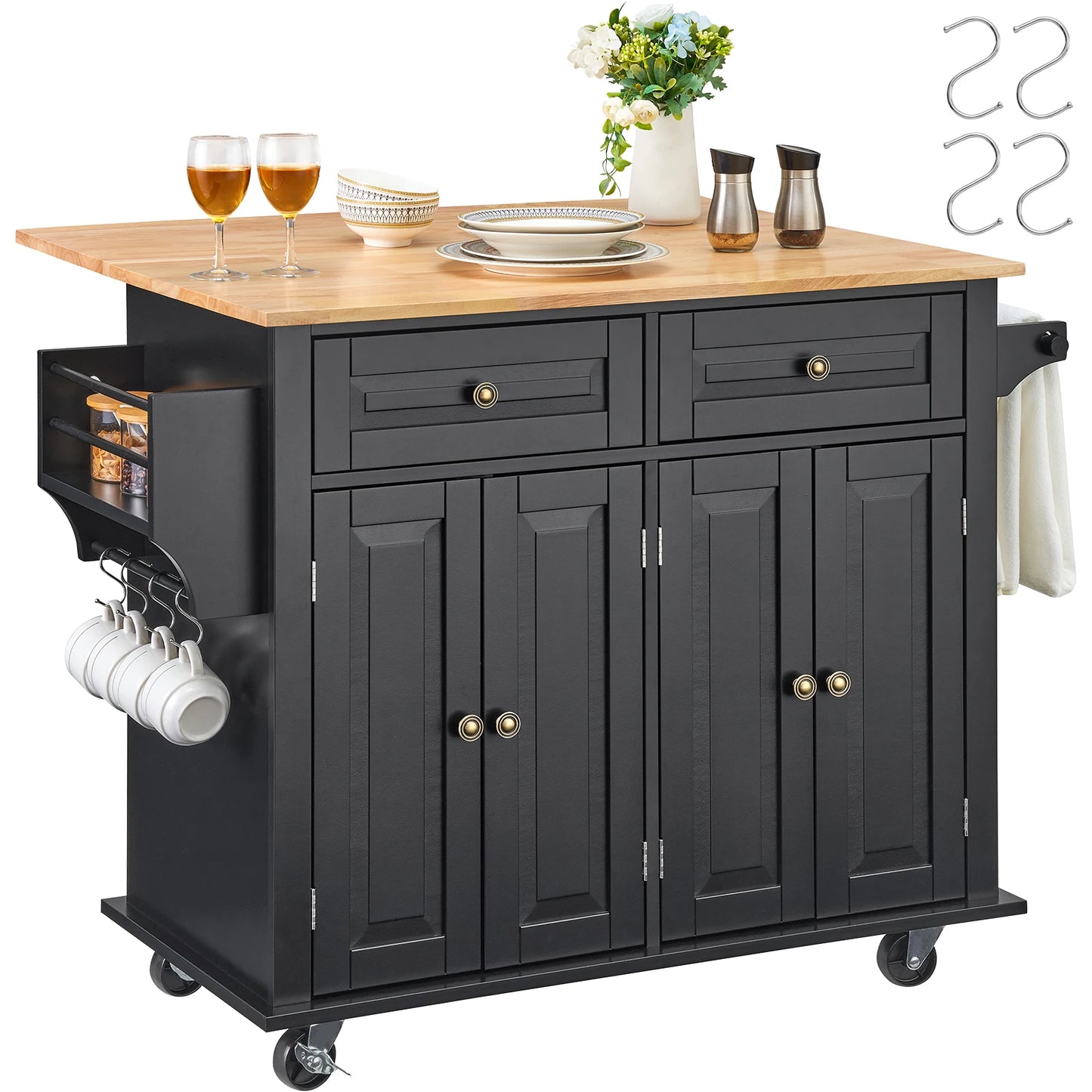 Kitchen Island Cart – VEVOR 43" Wood Top, Rolling Storage Cabinet with Drop Leaf, Spice Rack & Towel Bar (Black)