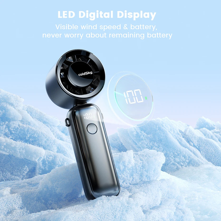 Turbo Handheld Fan – 5000mAh Rechargeable | 6 Speeds, Foldable, Digital Display