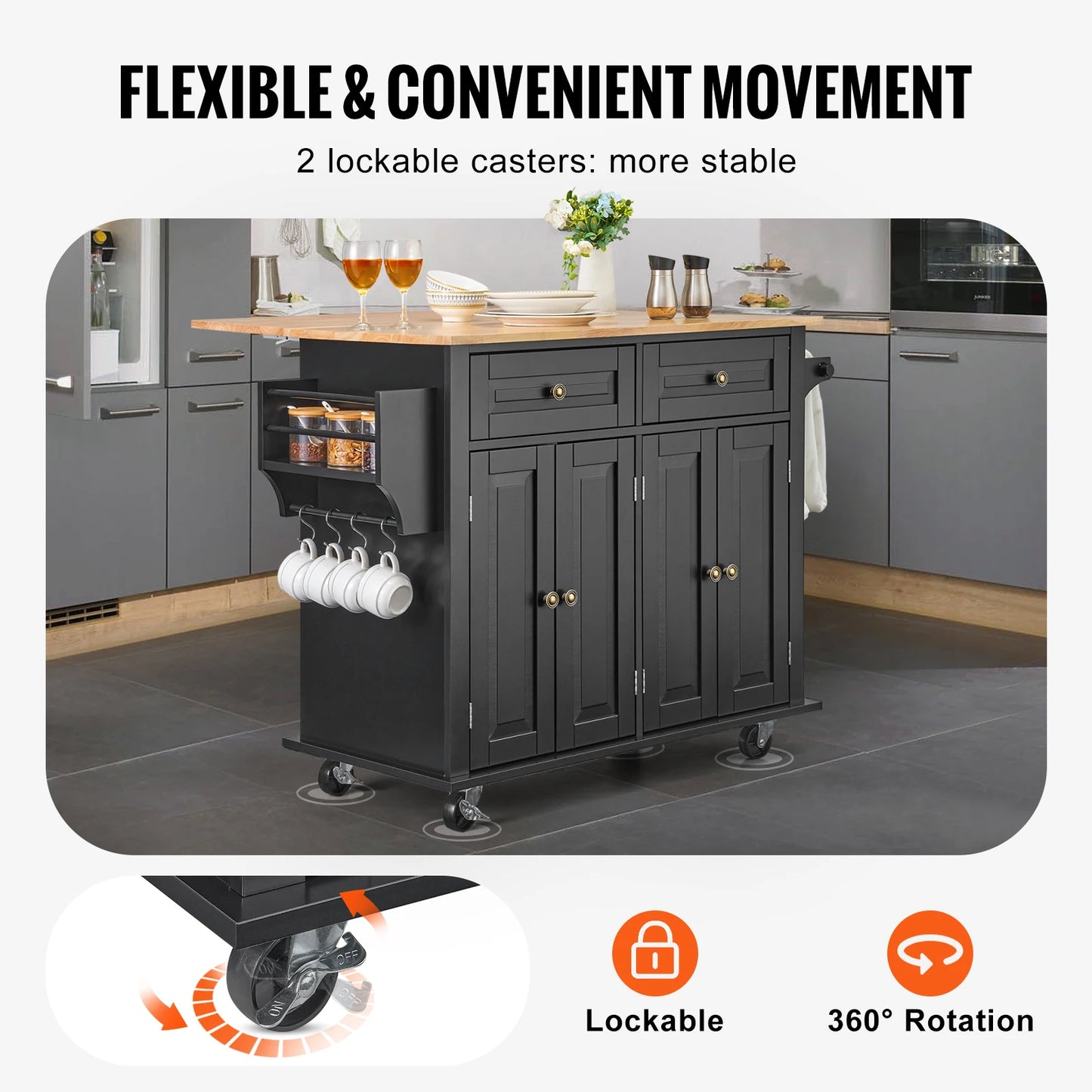 Kitchen Island Cart – VEVOR 43" Wood Top, Rolling Storage Cabinet with Drop Leaf, Spice Rack & Towel Bar (Black)