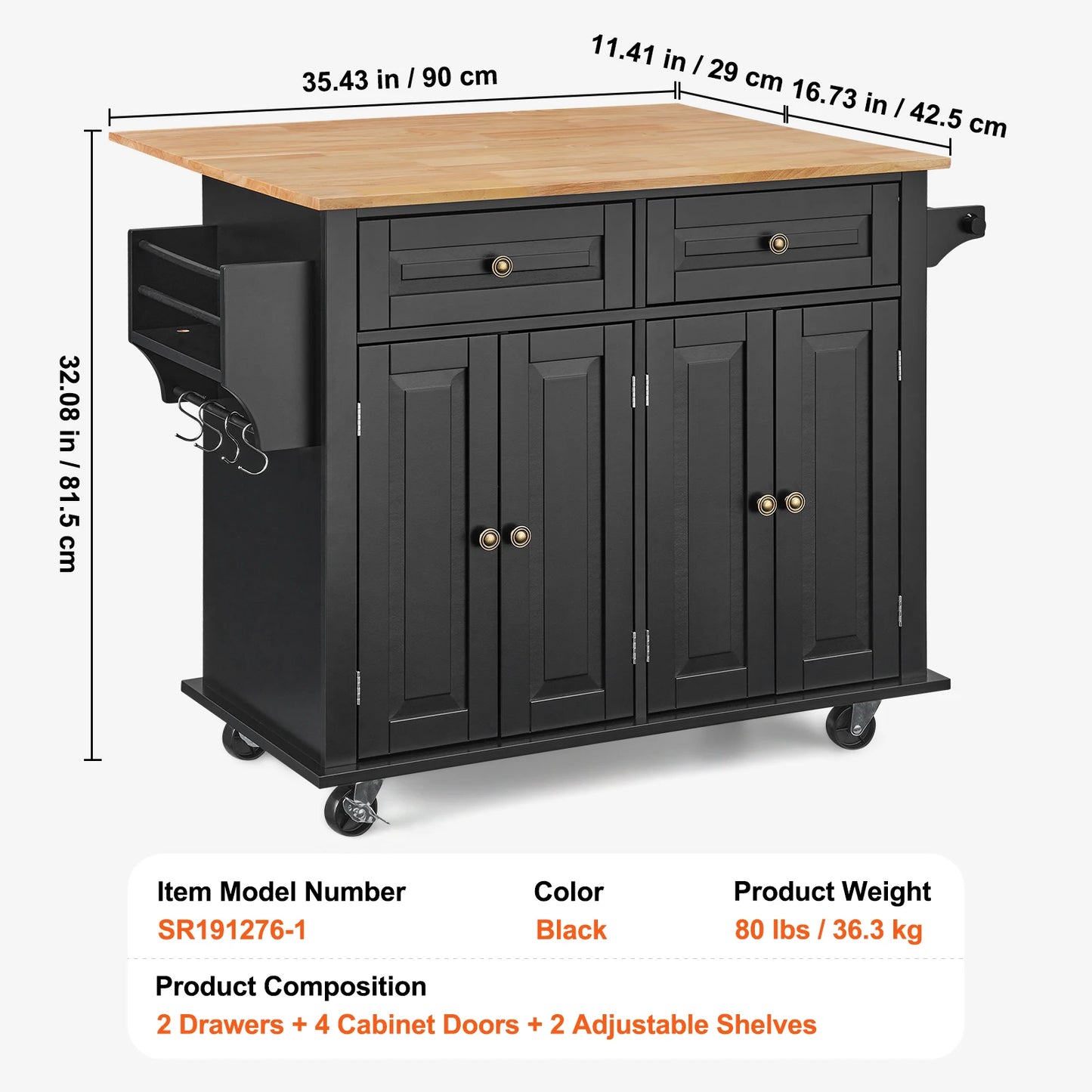 Kitchen Island Cart – VEVOR 43" Wood Top, Rolling Storage Cabinet with Drop Leaf, Spice Rack & Towel Bar (Black)