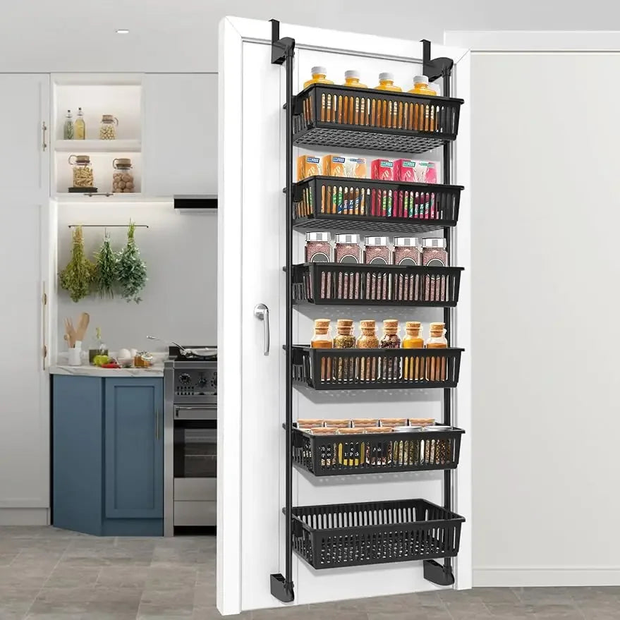 Over-the-Door Pantry Organizer – 6-Tier Adjustable Metal Rack with Baskets, Heavy-Duty Wall-Mounted Storage for Kitchen & Pantry