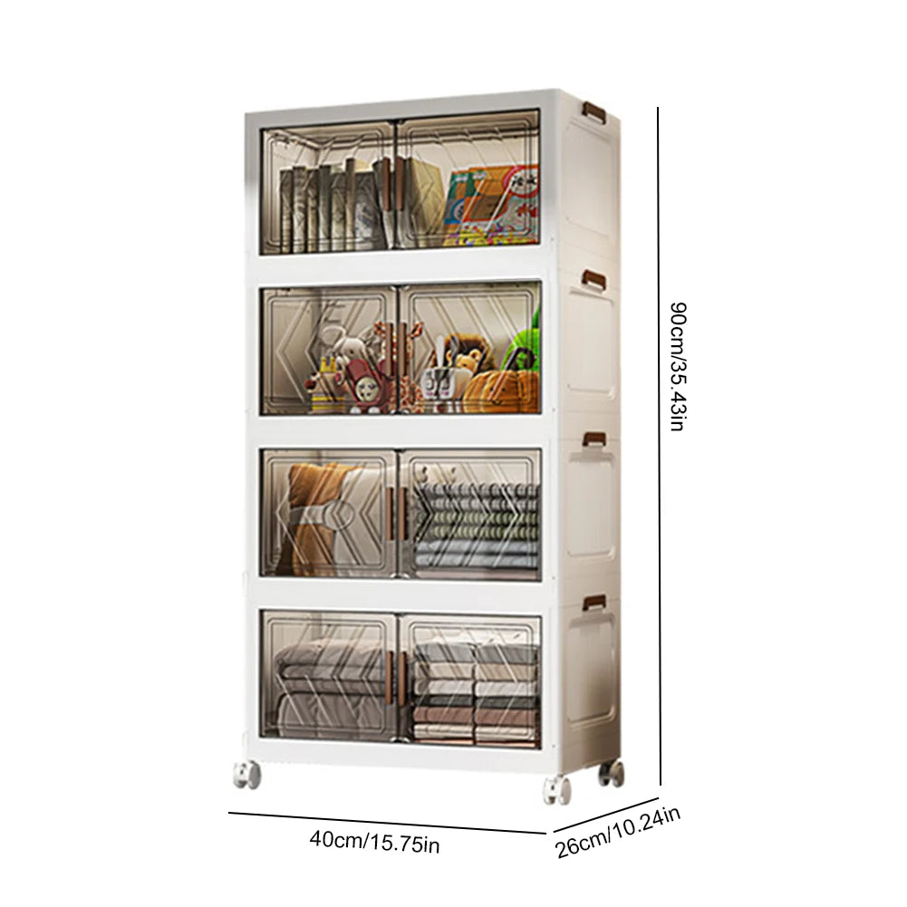 4-Tier Stackable Storage Bins with Lids, Doors & Wheels – Foldable Organizer for Apartment or Dorm