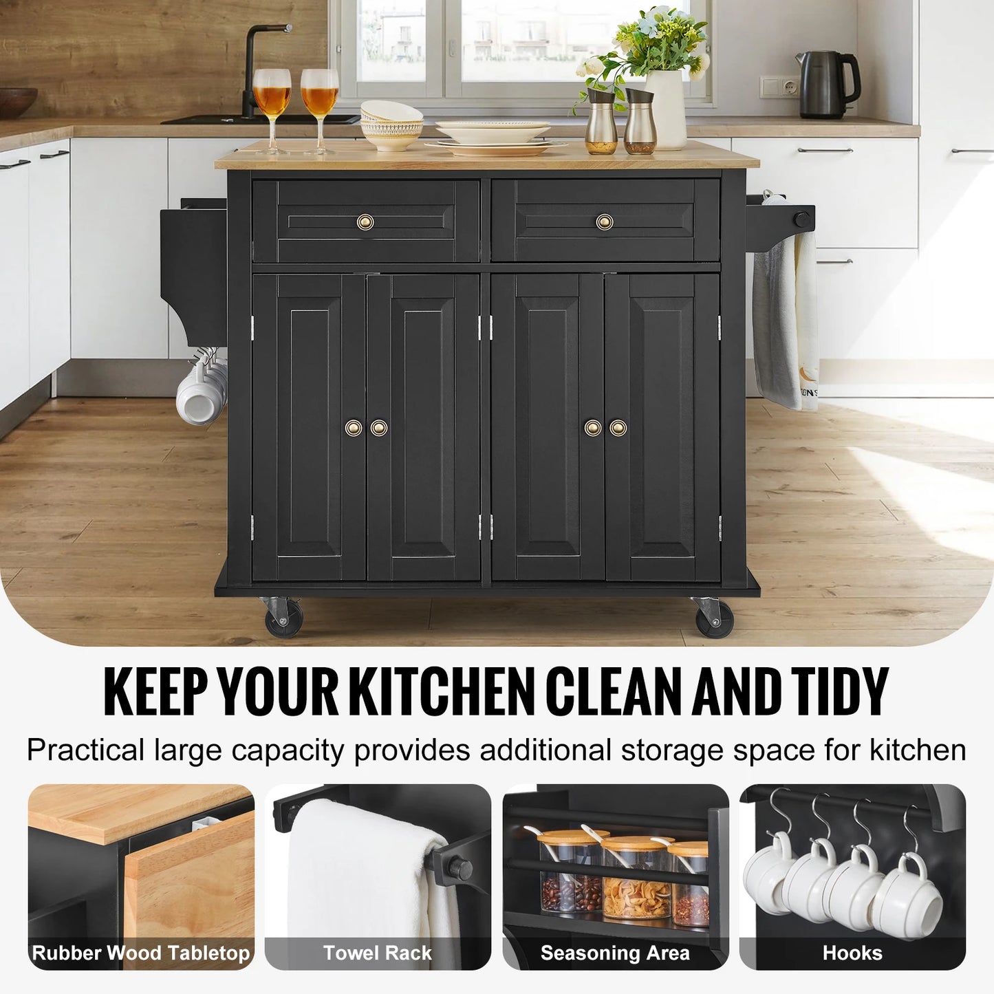 Kitchen Island Cart – VEVOR 43" Wood Top, Rolling Storage Cabinet with Drop Leaf, Spice Rack & Towel Bar (Black)