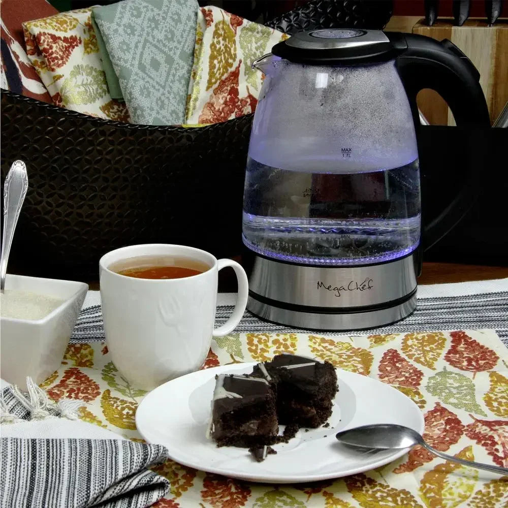 Electric Tea Kettle 1.7L Stainless Steel Auto Shut-Off Drip-Free Spout LED Light Concealed Heating