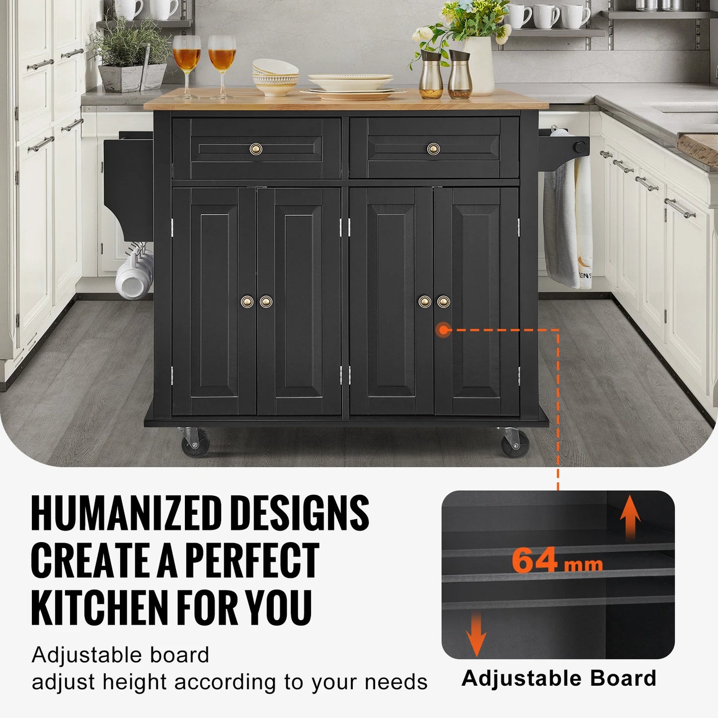 Kitchen Island Cart – VEVOR 43" Wood Top, Rolling Storage Cabinet with Drop Leaf, Spice Rack & Towel Bar (Black)