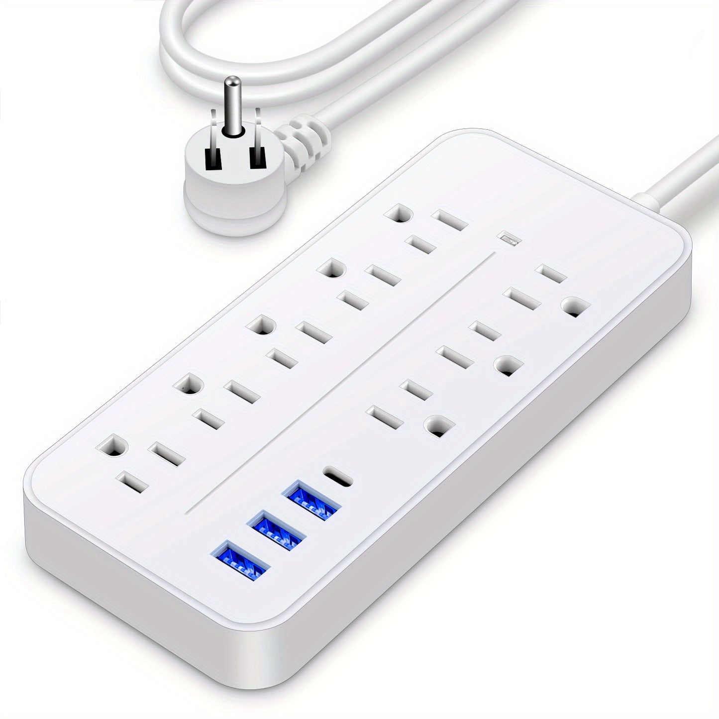 Surge Protector Power Strip – 8 AC Outlets, 3 USB + 1 USB-C Port, Flat Plug with Angled Design (Black/White)