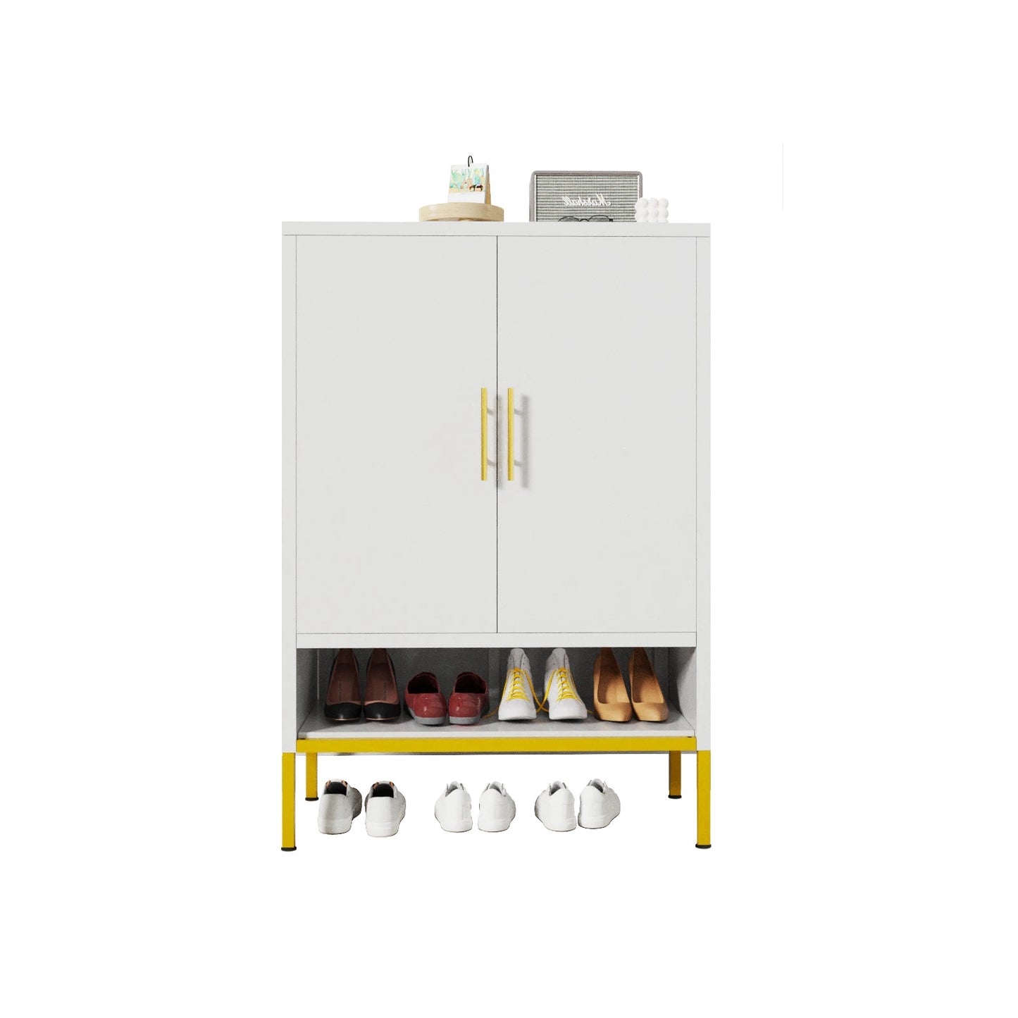 2-Door Metal Shoe Storage Cabinet with Shelves – White, Modern Design
