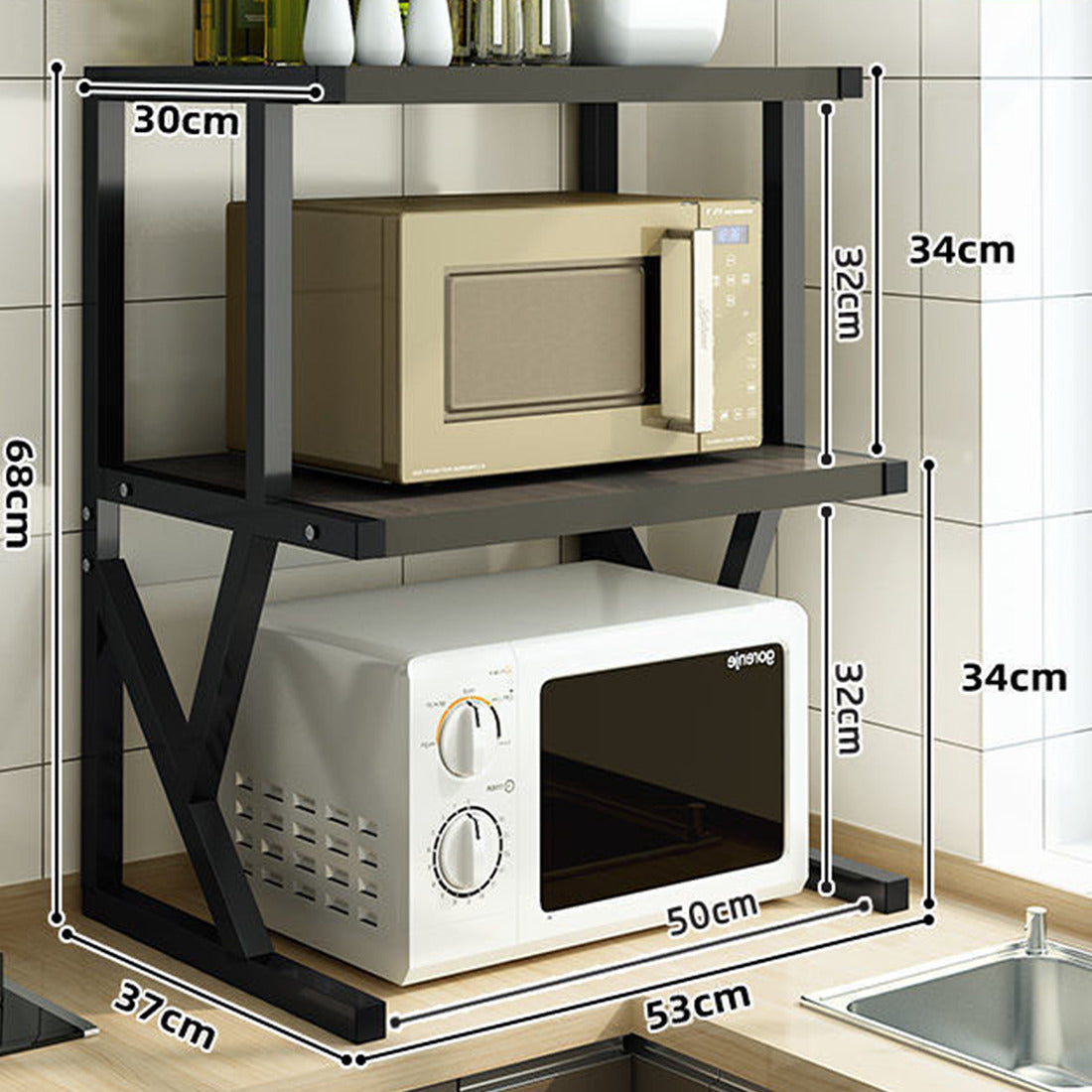 2-Tier Heavy Duty Baker’s Rack – Kitchen Microwave Stand with Storage Shelf (Walnut Finish)