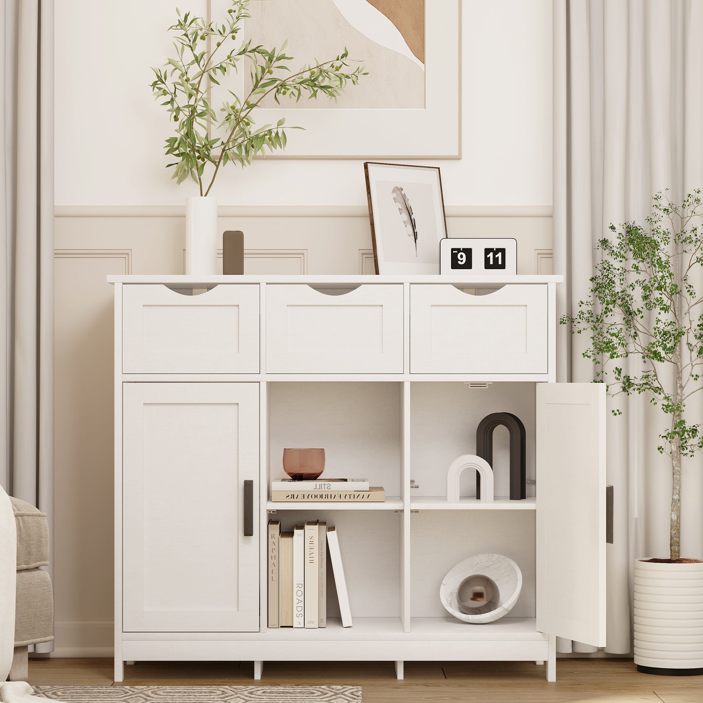 White Cabinet with Drawers and Shelves – Versatile Storage Furniture for Living Room, Bedroom, or Bathroom Décor