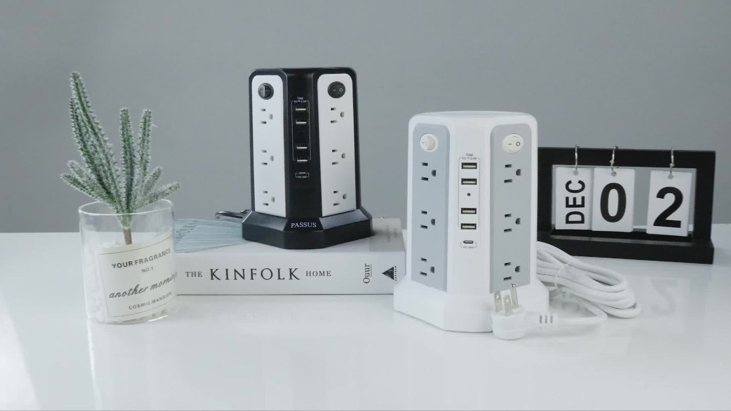 Surge Protector Power Strip Tower with USB-C (PD 18W) – 10FT Extension Cord, 12 AC Outlets & 5 USB Ports, Space-Saving Charging Station for Home, Office & Dorm