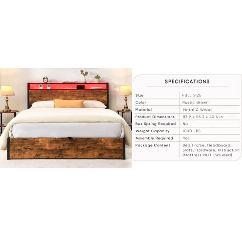 Wooden Platform Bed Frame with Lift-Up Storage & Built-In Charging Station