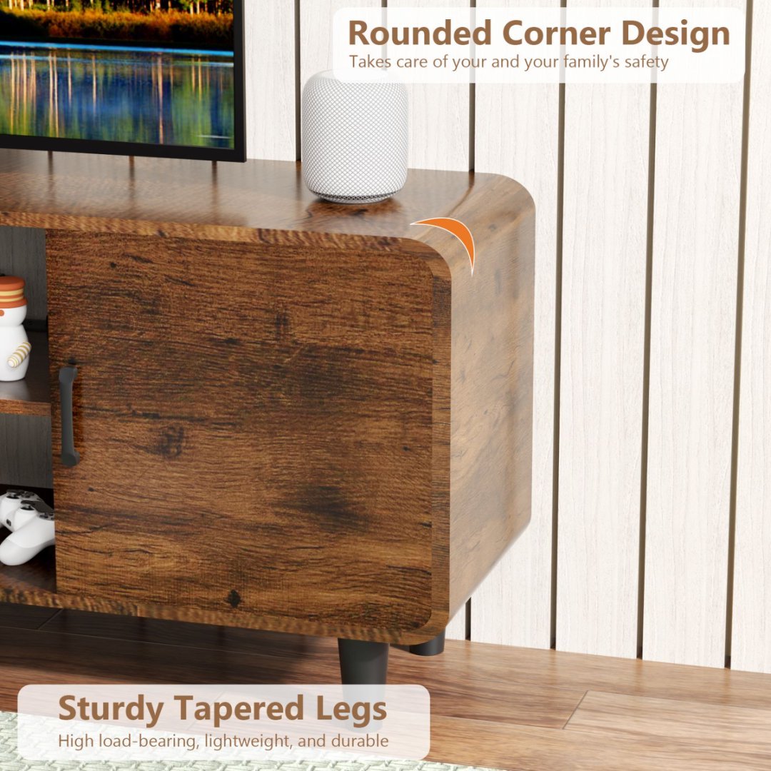 Modern 55" TV Stand with Tempered Glass Doors, Charging Station & Rounded Corners – Walnut Finish