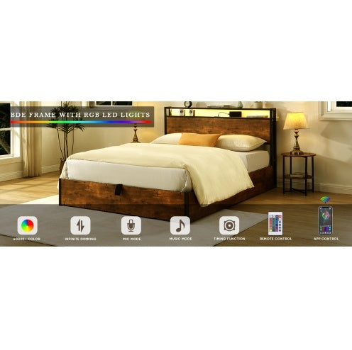 Wooden Platform Bed Frame with Lift-Up Storage & Built-In Charging Station