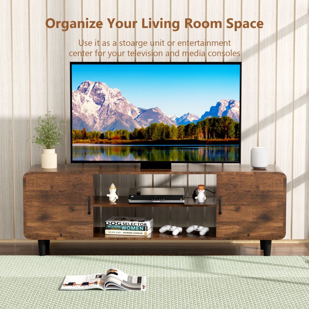 Modern 55" TV Stand with Tempered Glass Doors, Charging Station & Rounded Corners – Walnut Finish