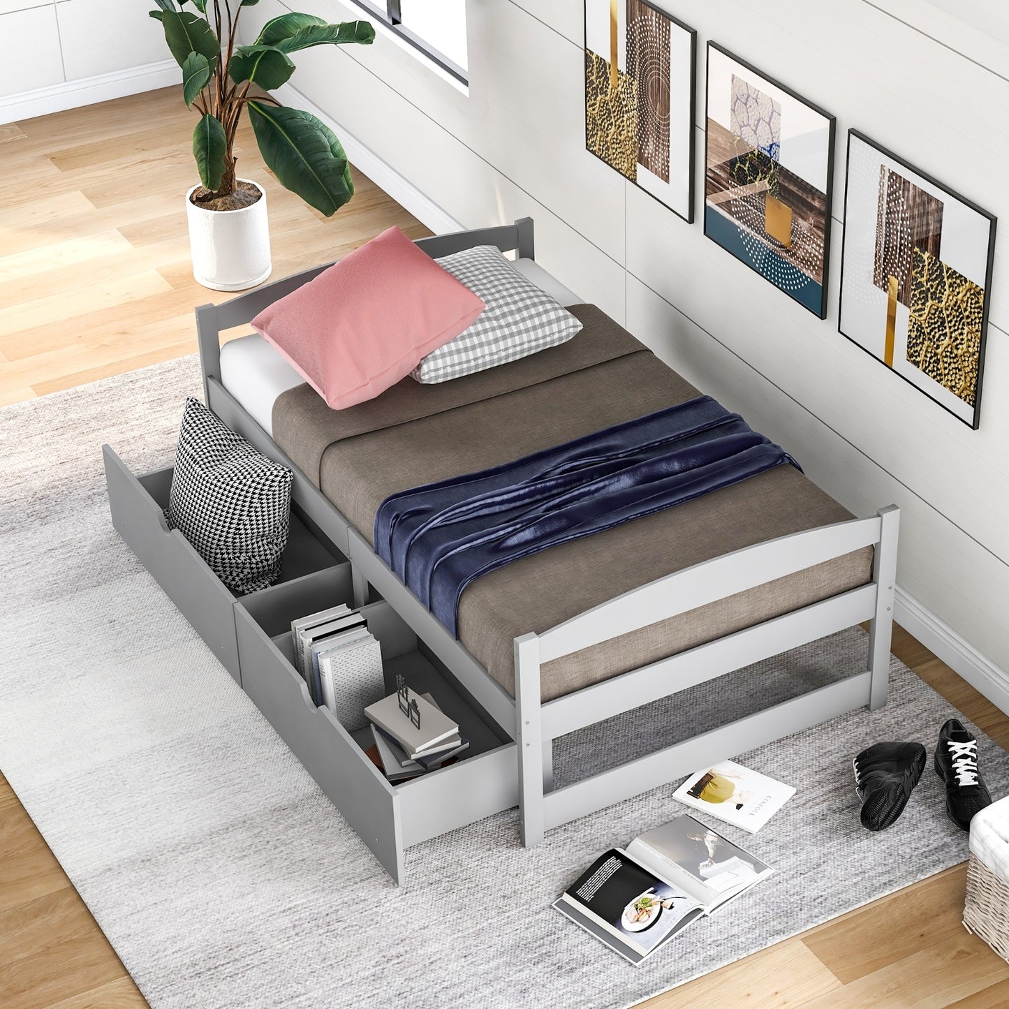Twin Size Platform Bed, With Two Drawers, Gray