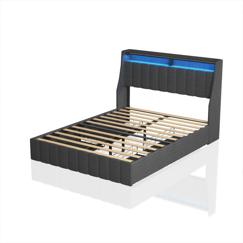 Full-Size Bed Frame with LED Headboard, 4 Under-Bed Storage Drawers & Wingback Design