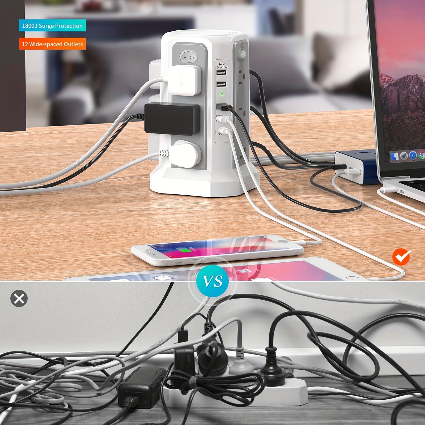Surge Protector Power Strip Tower with USB-C (PD 18W) – 10FT Extension Cord, 12 AC Outlets & 5 USB Ports, Space-Saving Charging Station for Home, Office & Dorm