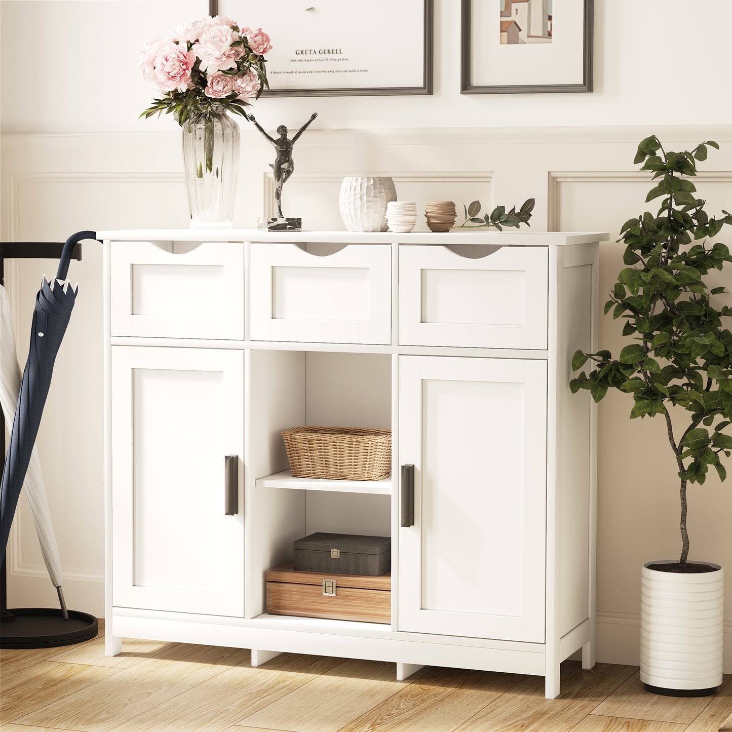White Cabinet with Drawers and Shelves – Versatile Storage Furniture for Living Room, Bedroom, or Bathroom Décor