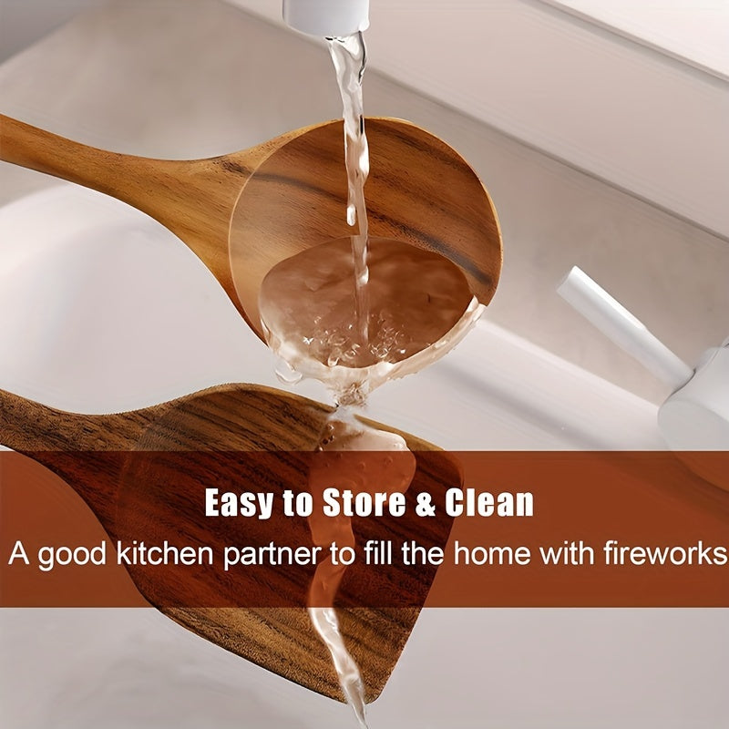 Teak Wooden Cooking Utensil Set – 8-Piece Nonstick Kitchen Tools with Spoon Rest & Hooks