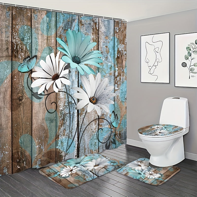 4-Piece Daisy Print Shower Curtain Set – Waterproof Bathroom Decor with Non-Slip Mats & Rust-Resistant Hooks