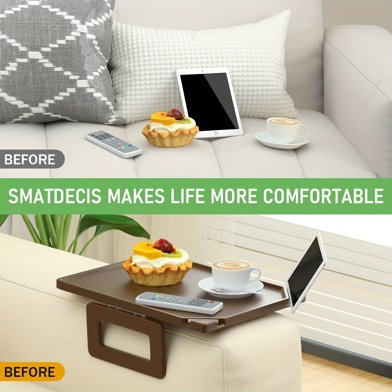 Sofa Armrest Tray Table – Natural Bamboo, Foldable Base with Double Bracket, No-Drill