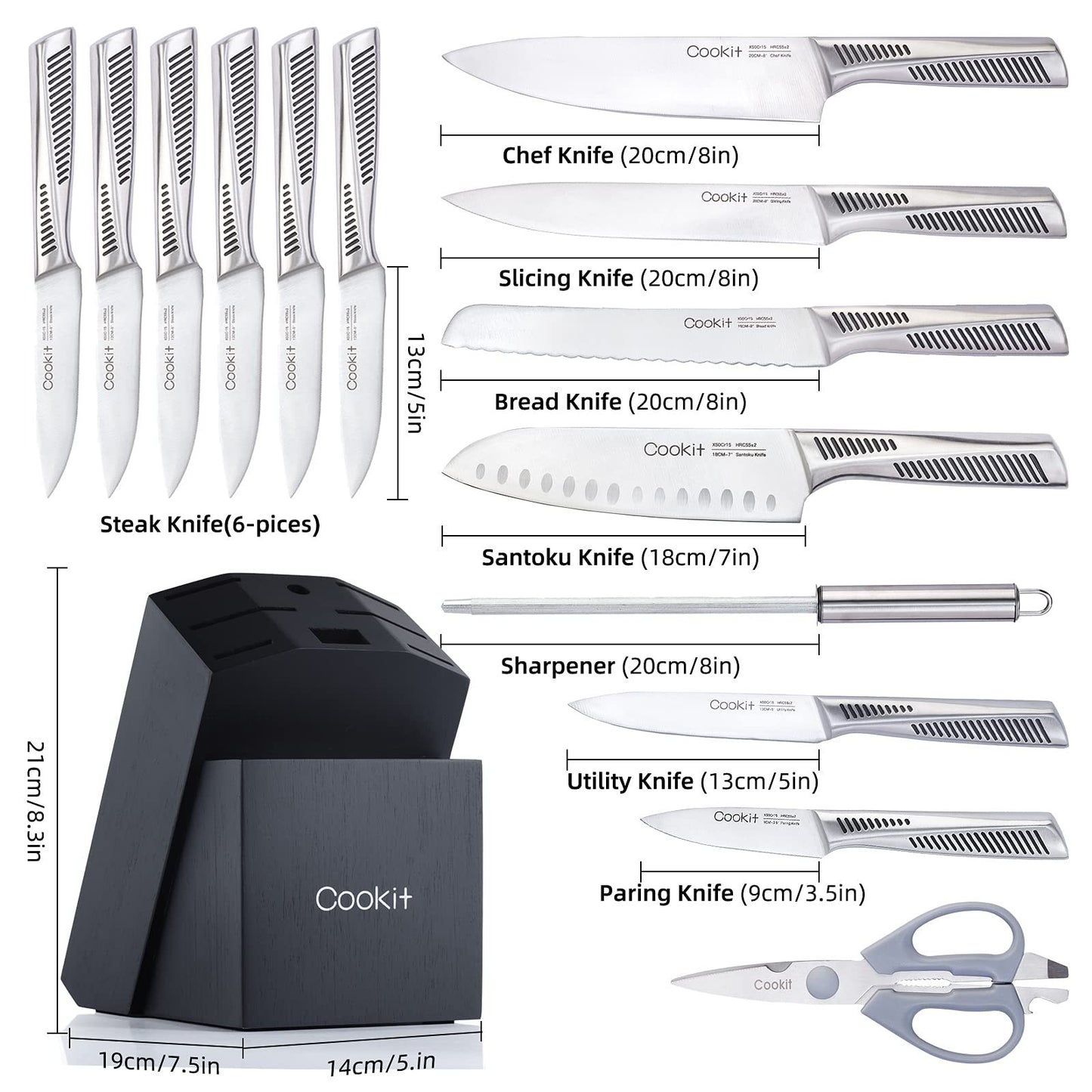15-Piece Professional Kitchen Knife Set with Wooden Block – High Carbon Stainless Steel Blades & Ergonomic Handles