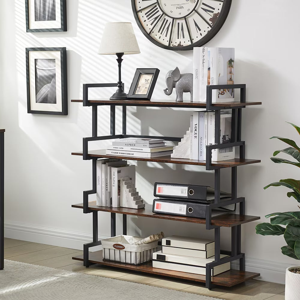 Modern Industrial Bookcase – 4-Tier Open Storage Shelf, Metal Frame & Wood Shelves