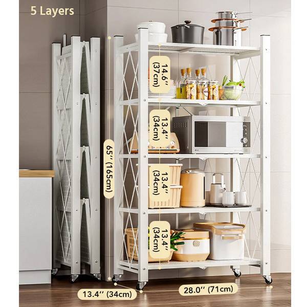 5-Layer Foldable Metal Storage Shelf with Wheels – Heavy-Duty Carbon Steel Organizer (65" Tall)