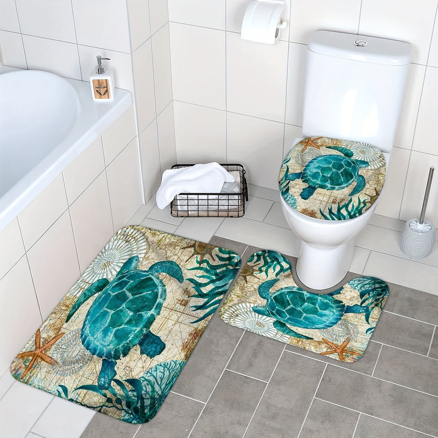 4-Piece Ocean-Inspired Shower Curtain Set – Turtle & Seaweed Design with Mats, Toilet Cover & Hooks