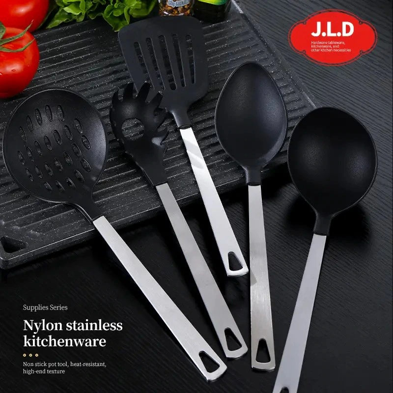 Premium 5-Piece Kitchen Utensil Set – Stainless Steel Handles & Heat-Resistant Nylon Heads (Black)