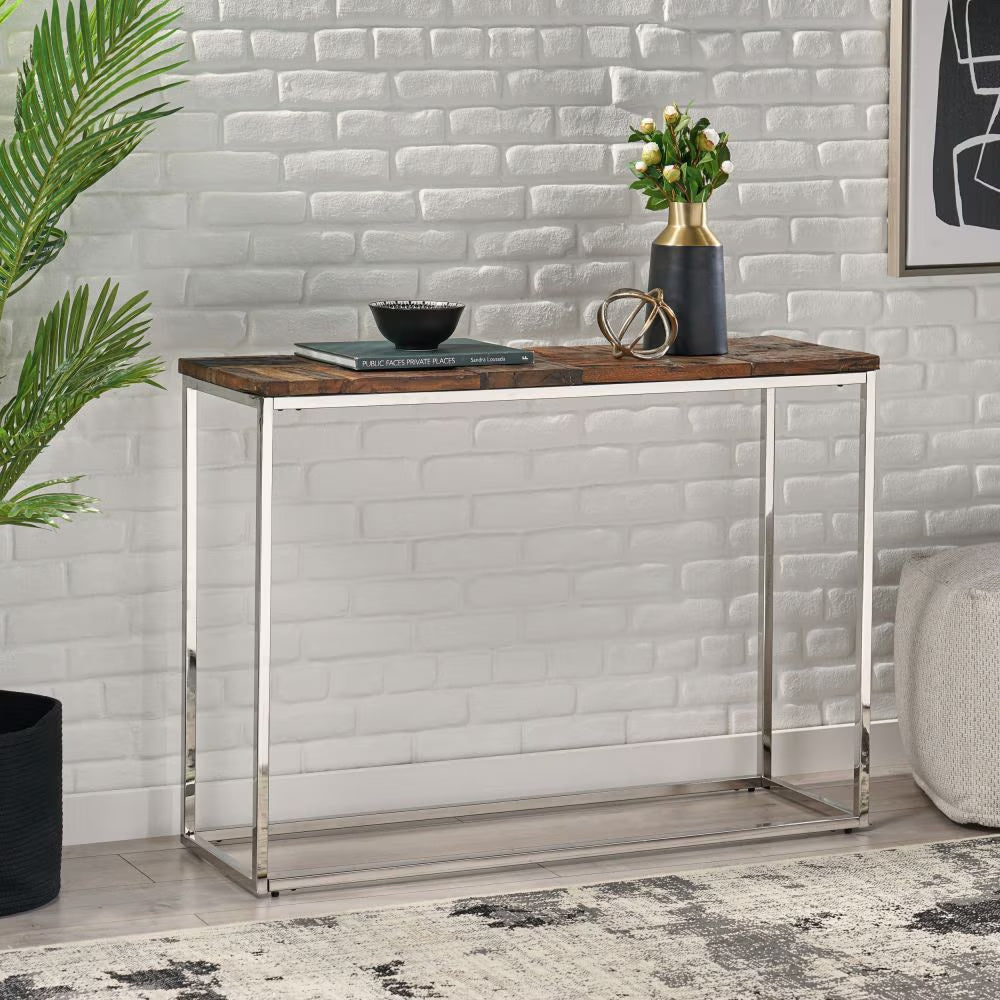 Console Table – Recycled Wood Top with Silver Stainless Steel Frame