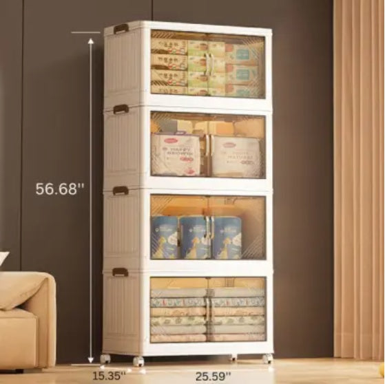 383 QT Foldable Storage Box – 25.6" Wide, 4-Tier Large-Capacity Organizer with Clear Door | Easy Access & Space-Saving Design