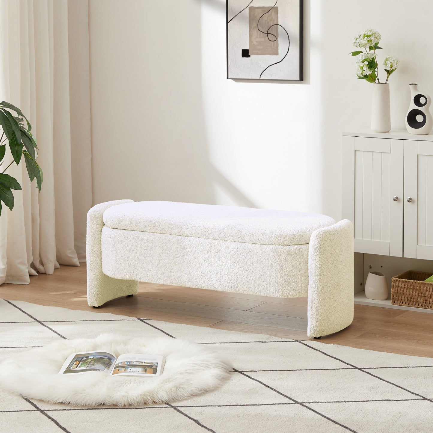 Ottoman Oval Storage Bench – Cream White (3D Lamb Fleece Fabric)